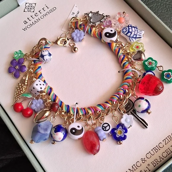 Multicolor Ceramic & Cubic Zirconia Charm Bracelet. NIB. Absolutely Gorgeous!!💜 - Picture 9 of 13